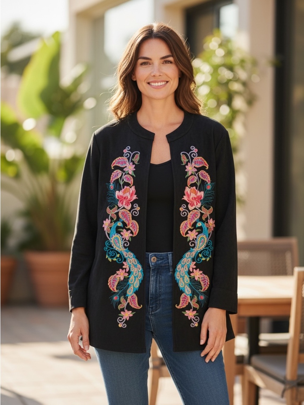 Simply Couture Black Embroidered Open-Front Peacock Jacket